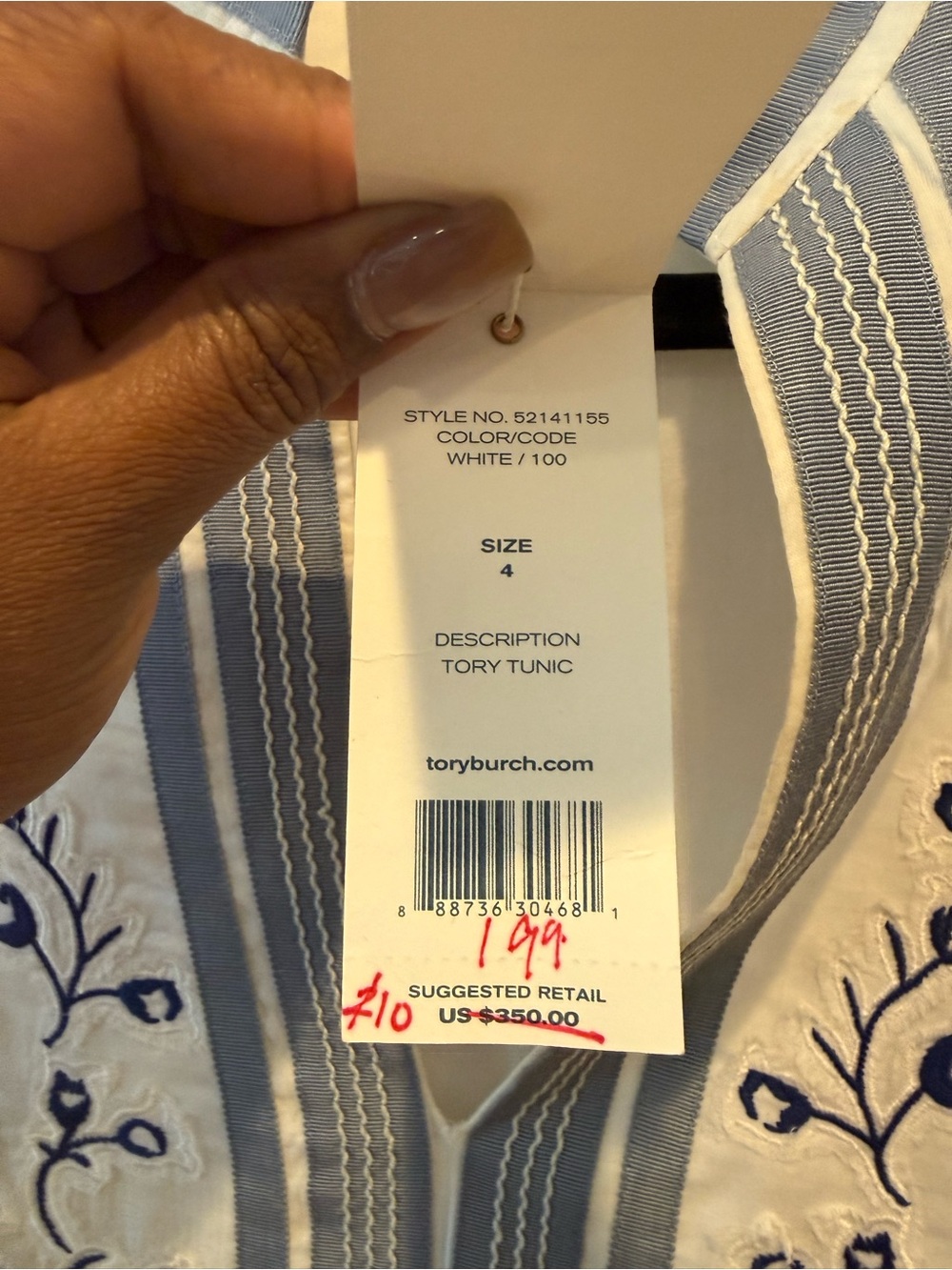 Brand New Tory Burch White Tunic with Navy Embroidery and Blue Trim - Picture 4 of 6